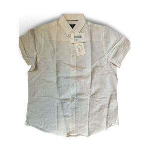 Vustra Men’s Beige Short Sleeve Button-Up Shirt - Size Medium, Sustainable Fabri